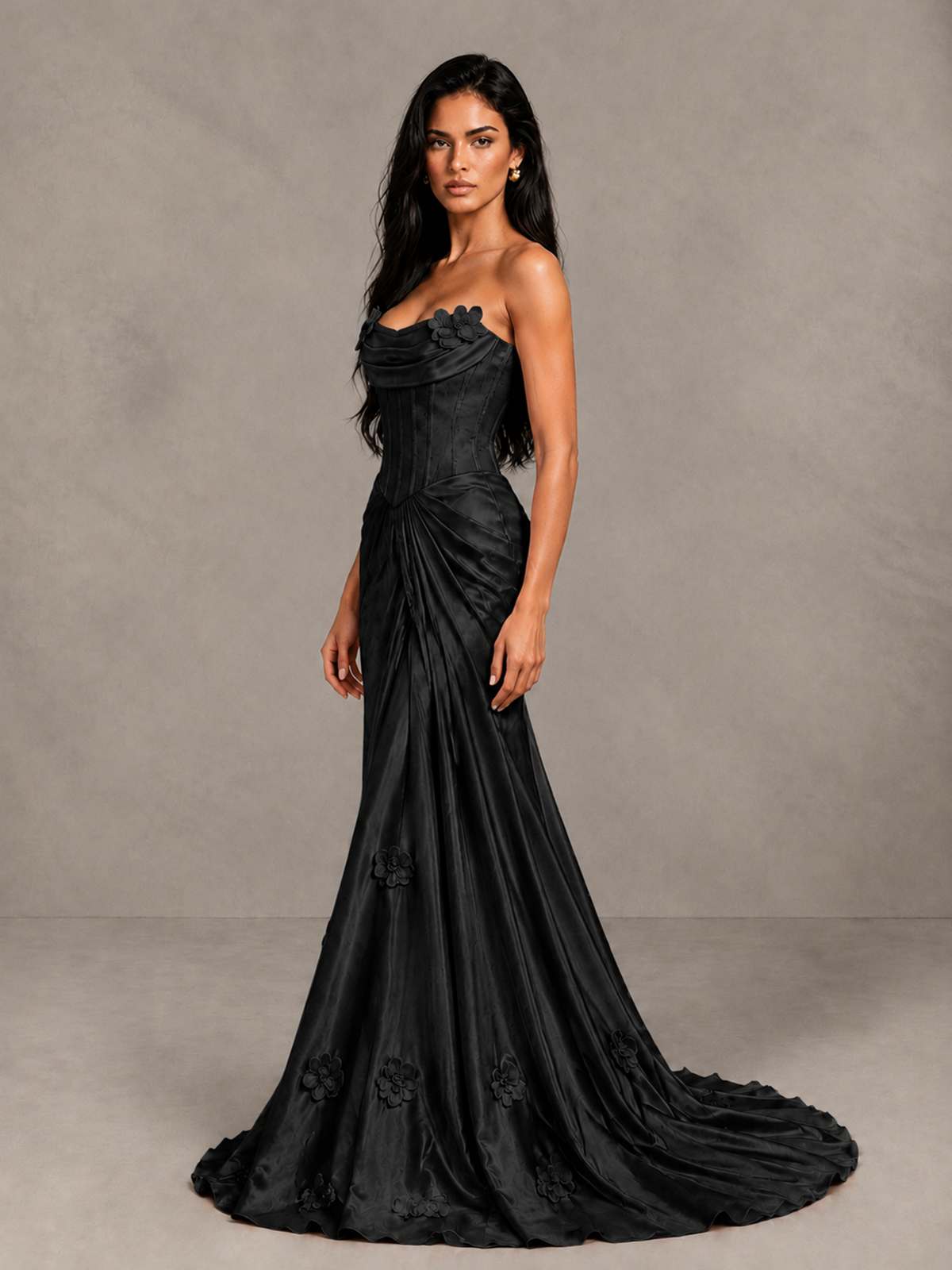 BOLODOO Black Strapless Floral Corset Evening Gown with Train - Black - Black_3