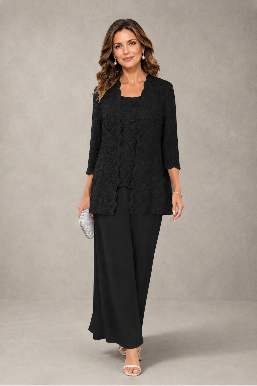 BOLODOO Black 3-Piece Lace Chiffon Pantsuit – Mother of the Bride Wedding Guest with Jacket - Black