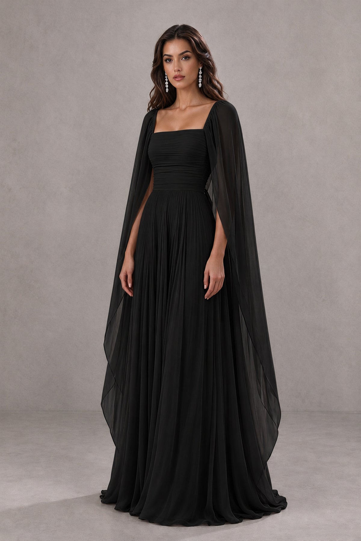 BOLODOO Black Square Neck Cape Sleeve A-Line Evening Dress - Black - Black_3