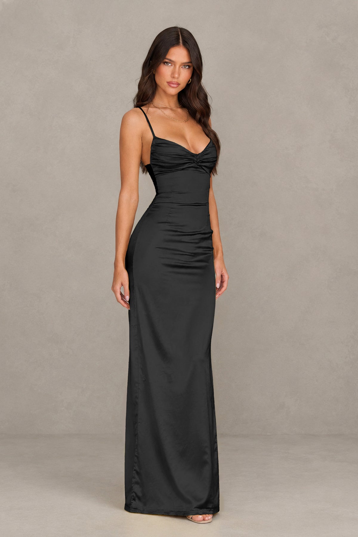 BOLODOO Black Satin Cowl Neck Open Back Mermaid Maxi Dress with Side Slit - Black