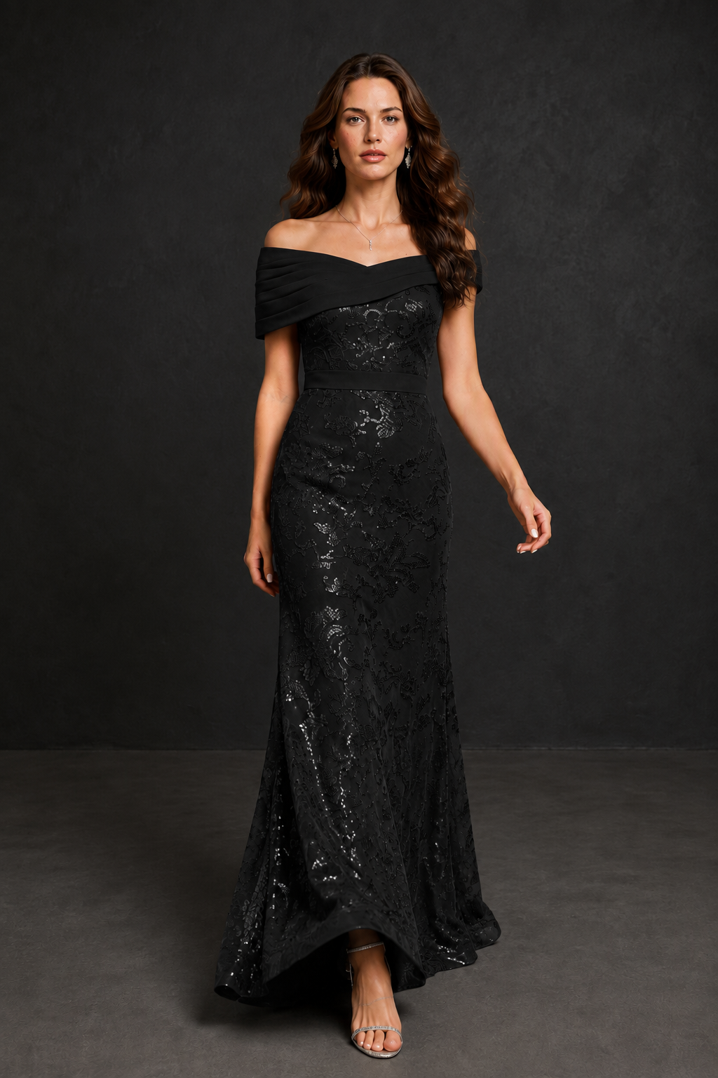 BOLODOO Black Off-Shoulder Sequin Lace Mermaid Evening Gown | Mother of the Bride Formal Dress - Black