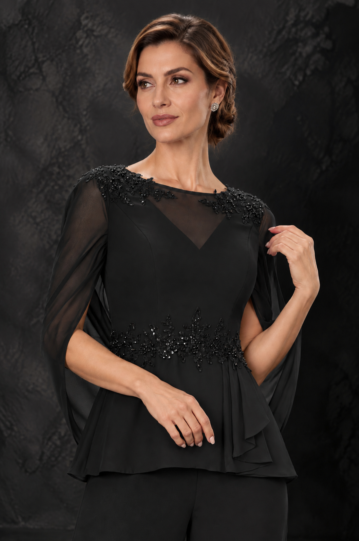 BOLODOO Black Embellished Cape Sleeve Mother of the Bride Pantsuit - Black - Black_3