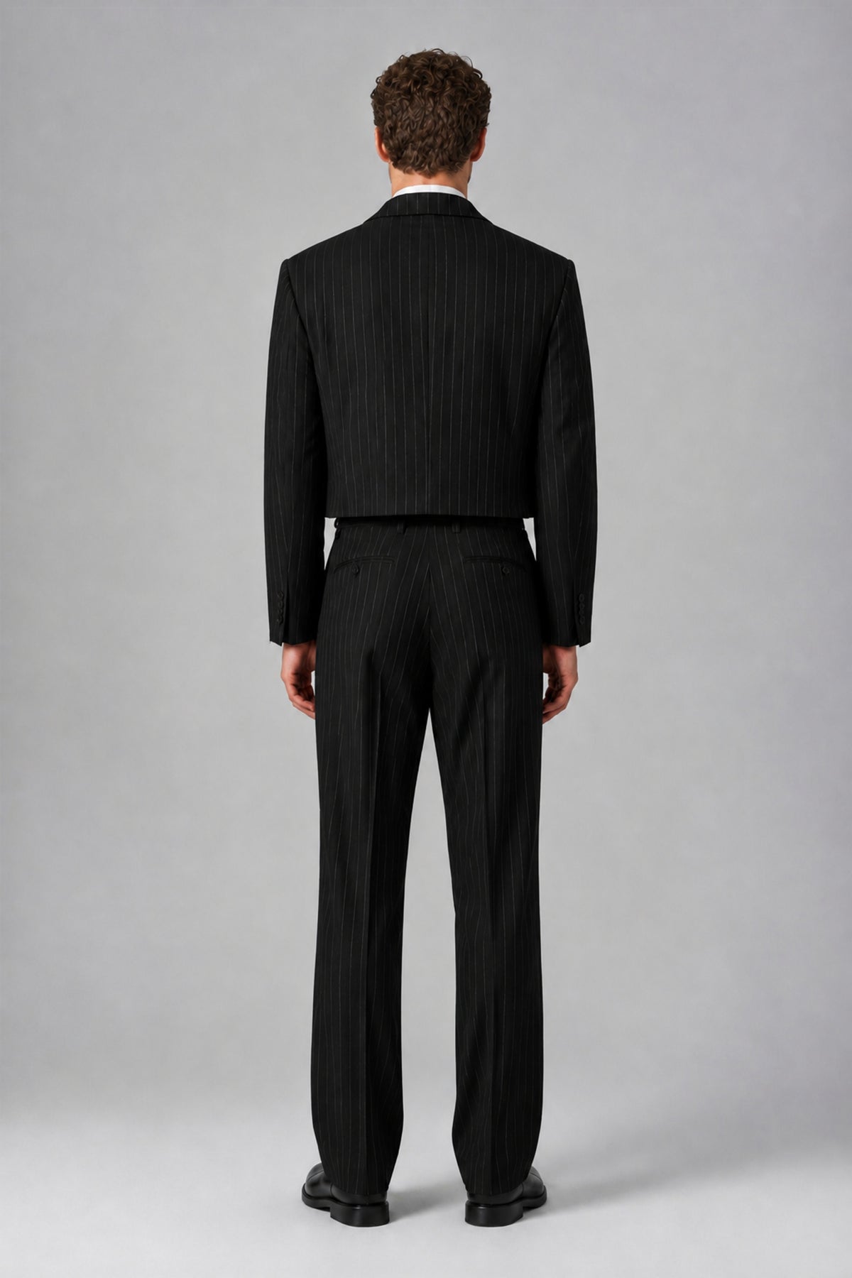 Bolodoo Men's Black Pinstripe Two-Piece Suit with Cropped Blazer & Wide-Leg Trousers - Black - Black_3