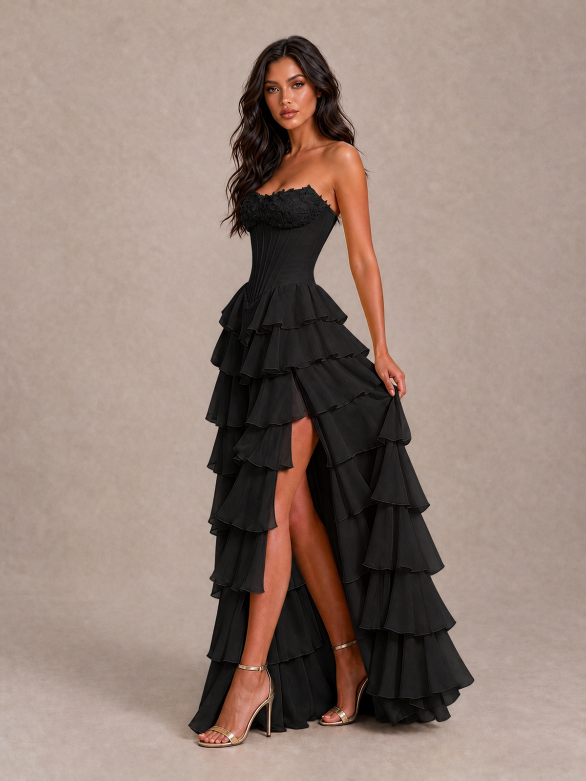 BOLODOO Black Strapless Corset Tiered Ruffle Prom Dress with High Slit - Black - Black_3