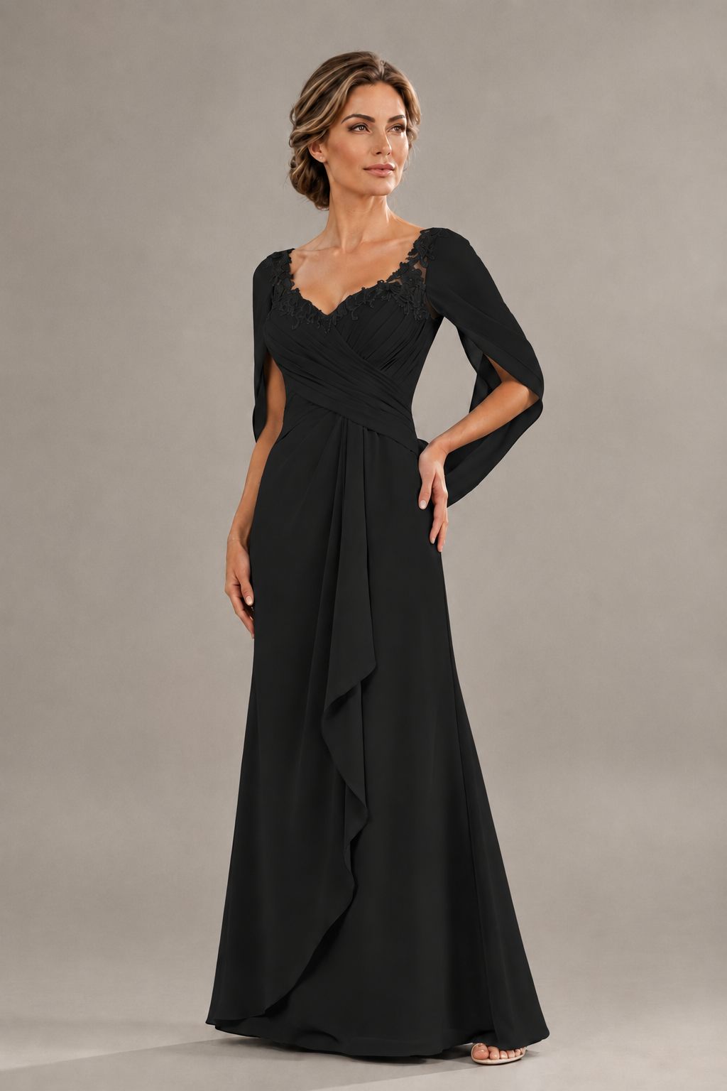 BOLODOO Black Chiffon V-Neck Lace Applique Cape Sleeve Cascade Ruffle Lace-Up Back Sheath Maxi Evening Dress - Black