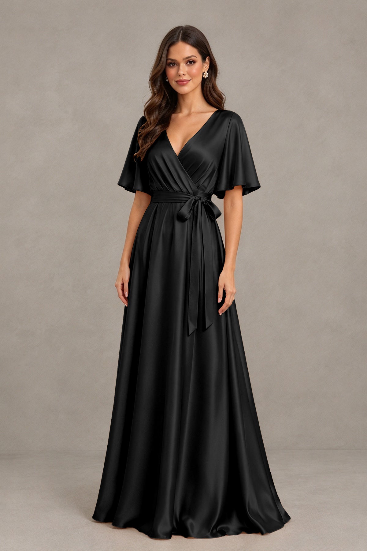 BOLODOO Black Satin V-Neck Flutter Sleeve Bridesmaid Dress with Slit - Black - Black(3)