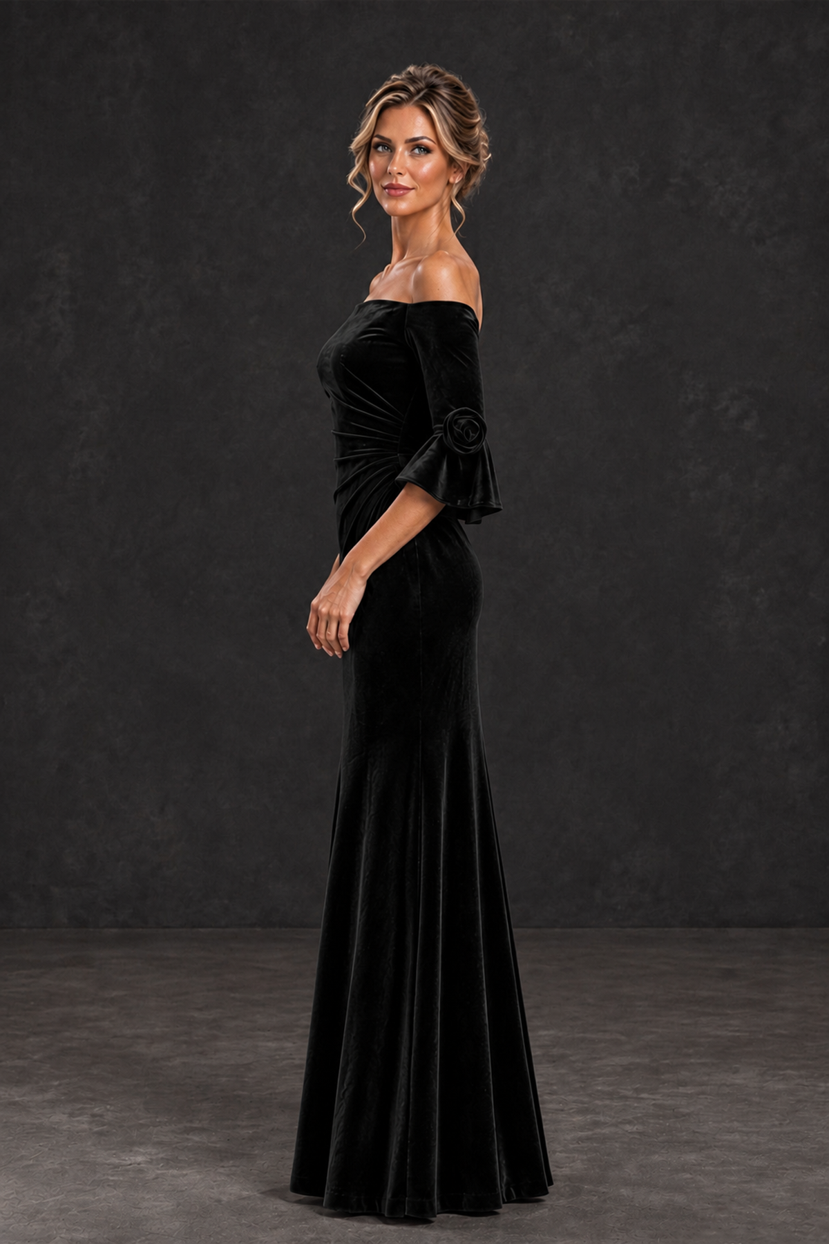 BOLODOO Black Velvet Off-Shoulder Mother of the Bride Dress – 3/4 Floral Cuff Sleeve Mermaid Evening Gown - Black - Black_3