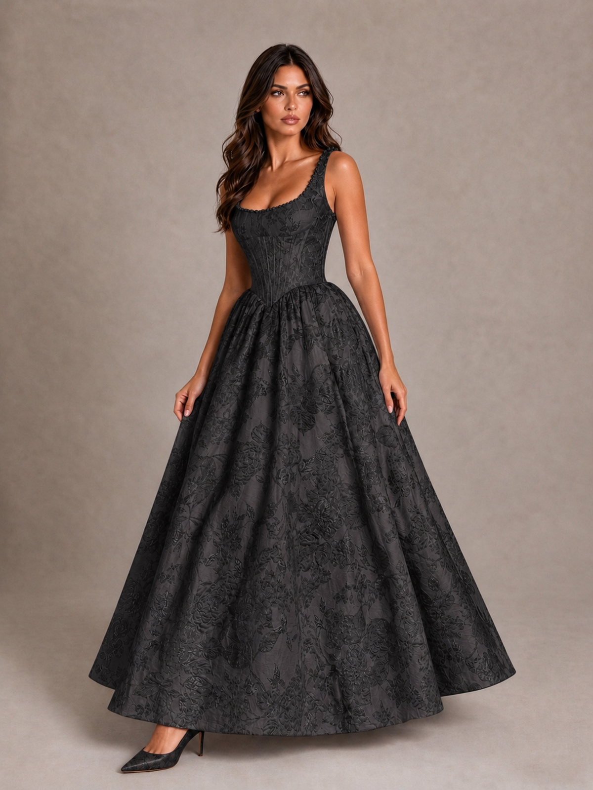 BOLODOO Black Floral Corset A-Line Prom Dress with Lace-Up Back - Black - Black_3