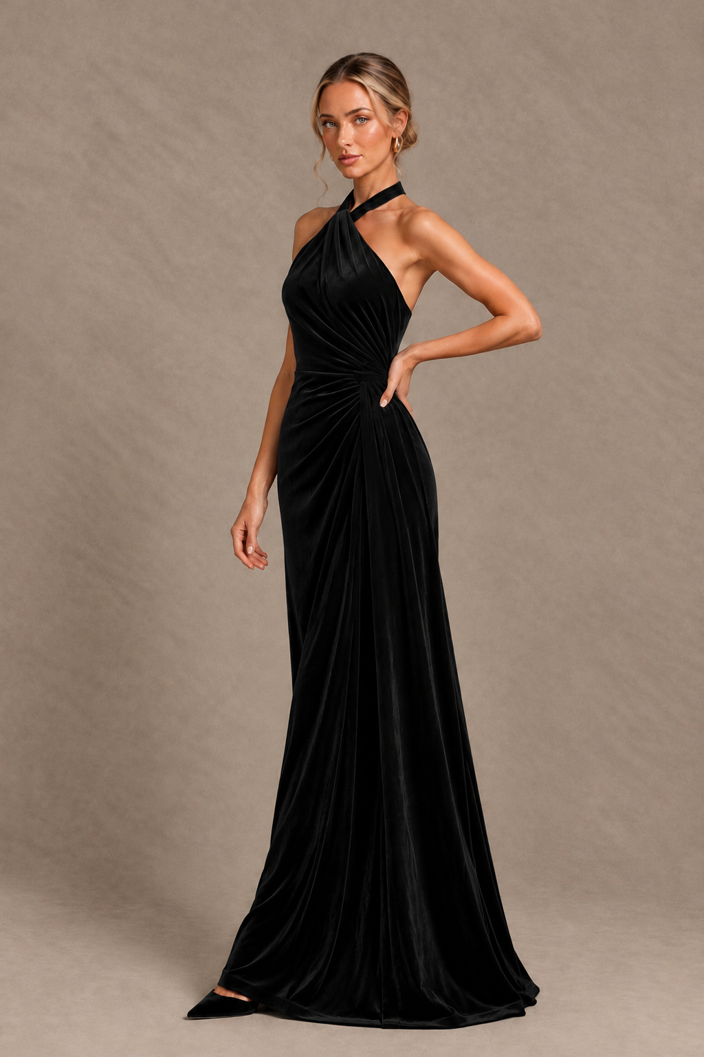 BOLODOO Black Velvet Halter Open-Back Ruched Evening Dress - Black - Black_3