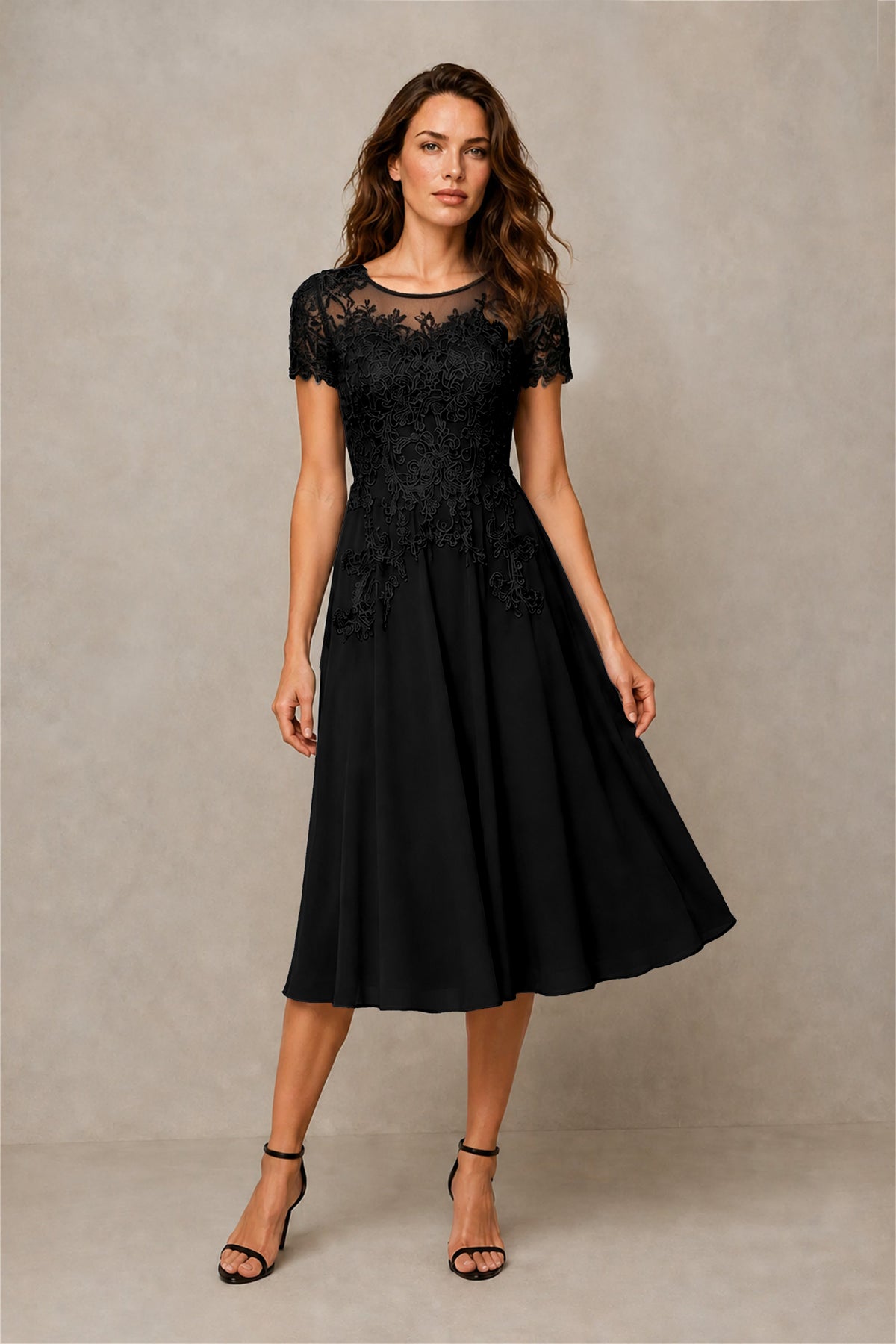 BOLODOO Steel Black Beaded Lace Illusion Bodice Chiffon Tea-Length Dress | Mother of the Bride & Cocktail Party - Black