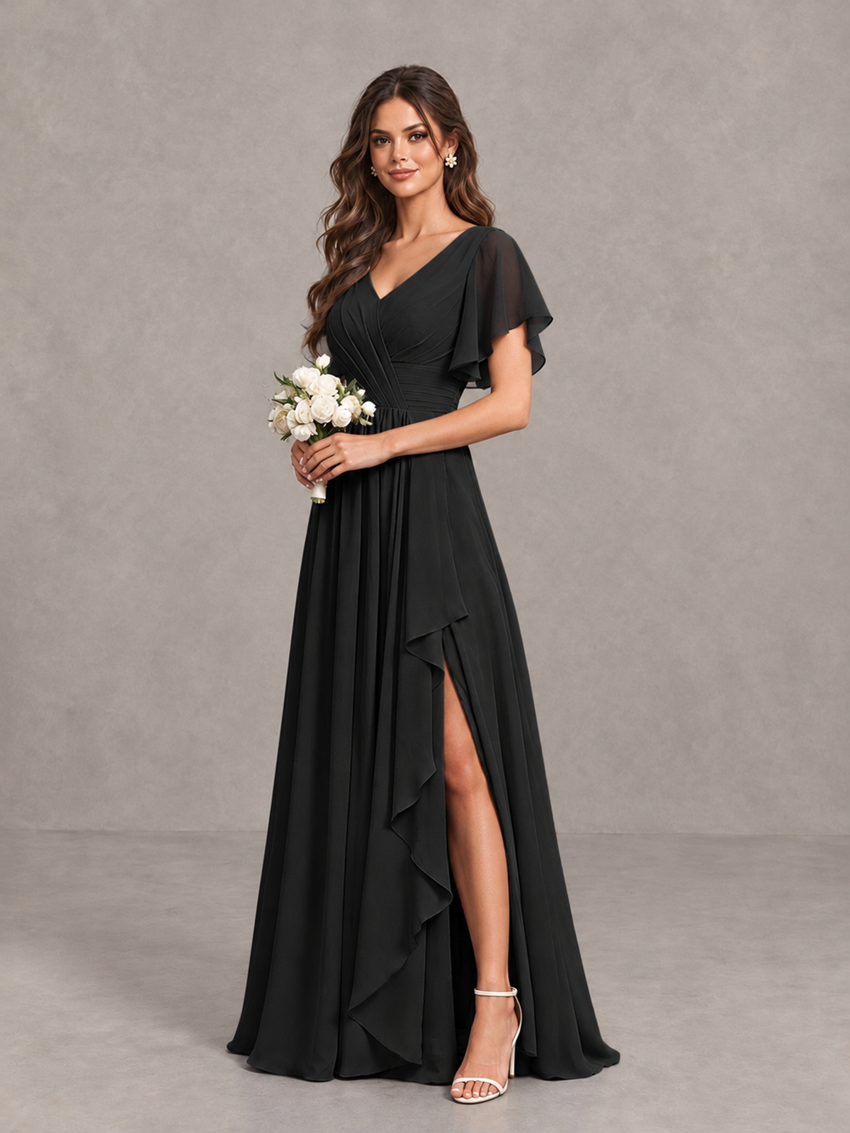 BOLODOO Black Flutter Sleeve V-Neck Bridesmaid Dress with Ruffle Slit - Black - Black_3
