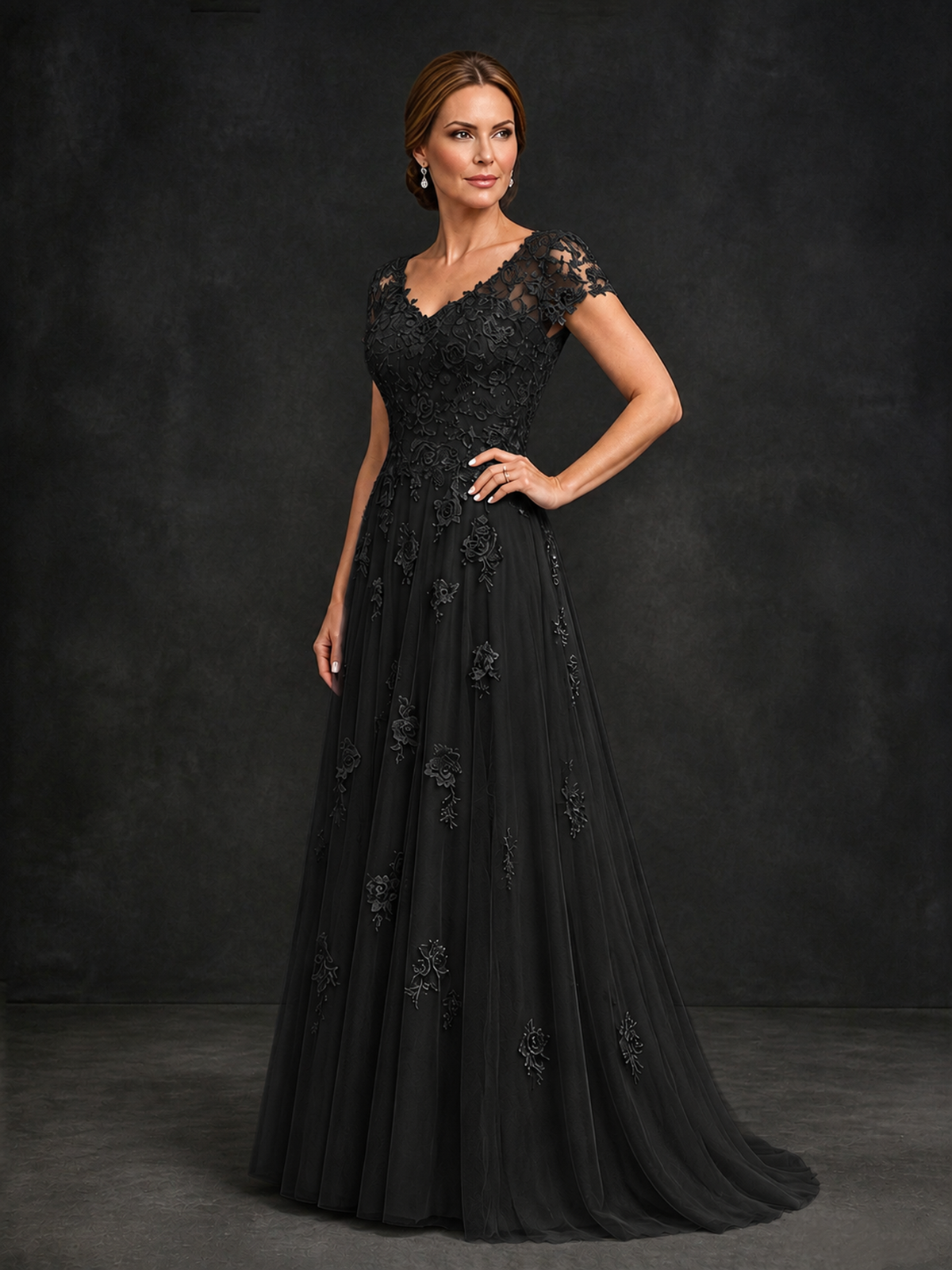 BOLODOO Black Cap Sleeve Lace Appliqué A-Line Formal Gown | Mother of the Bride Dress - Black - Black_3