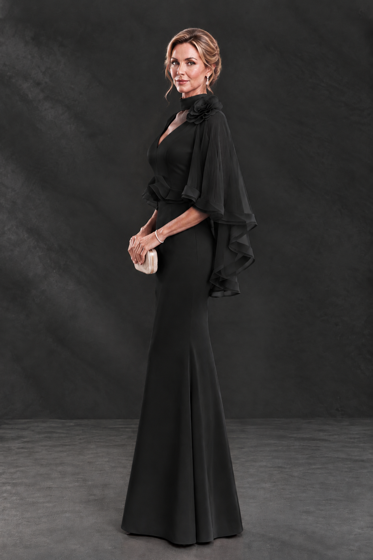 BOLODOO Black Floral Cape Sleeve Mother of the Bride Dress - Black - Black_3