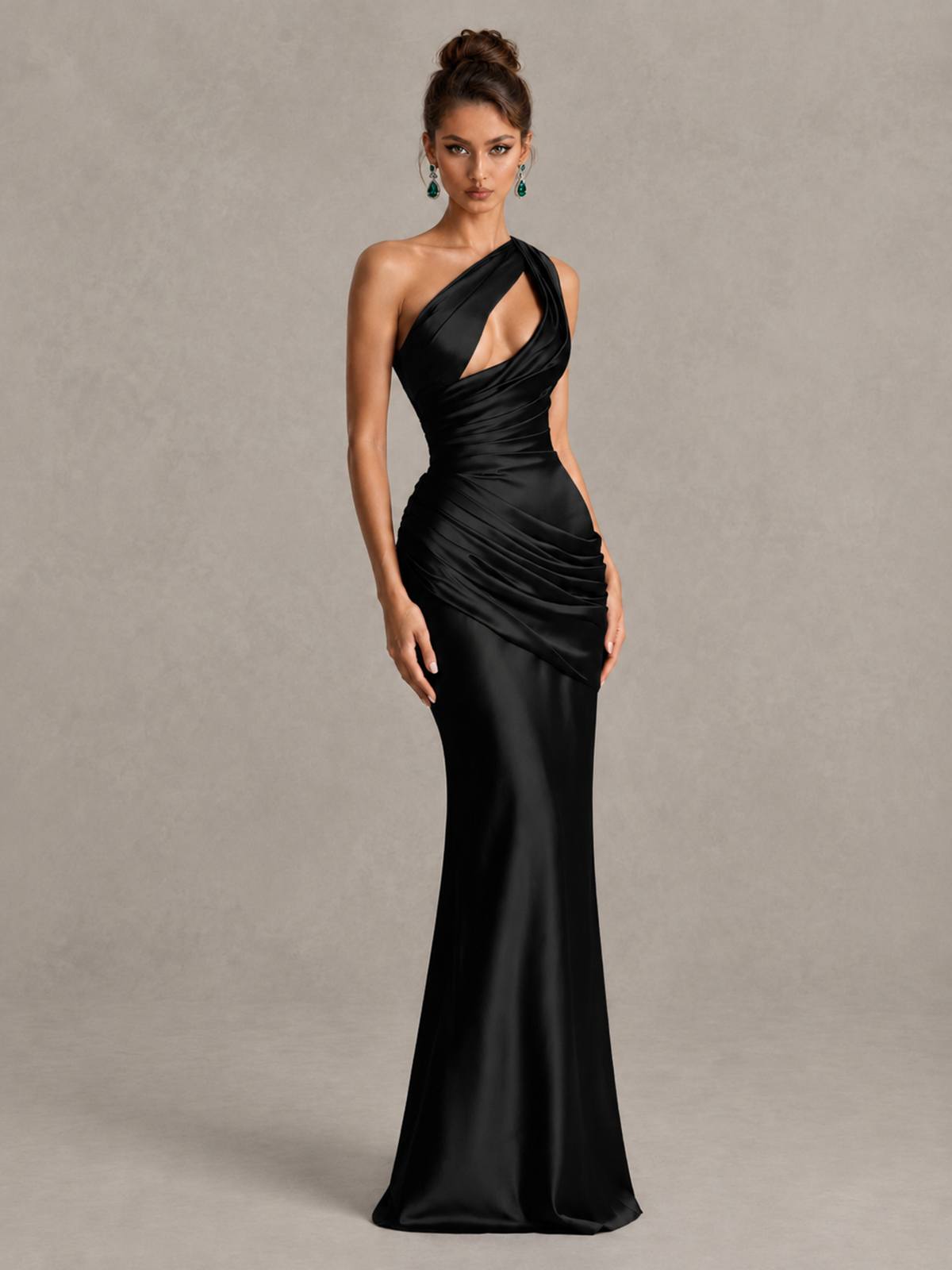BOLODOO Black One-Shoulder Cutout Satin Mermaid Prom Dress - Black - Black_3