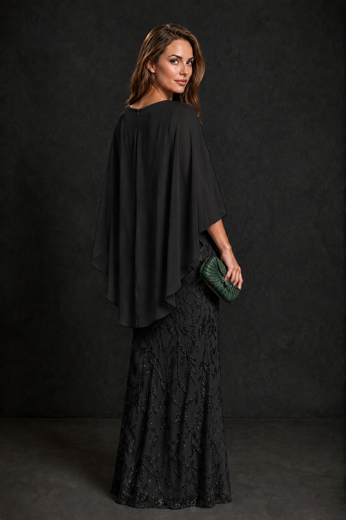 BOLODOO Black Round Neck Chiffon Cape Overlay Sequin Lace Mermaid Maxi Dress - Black - Black_3