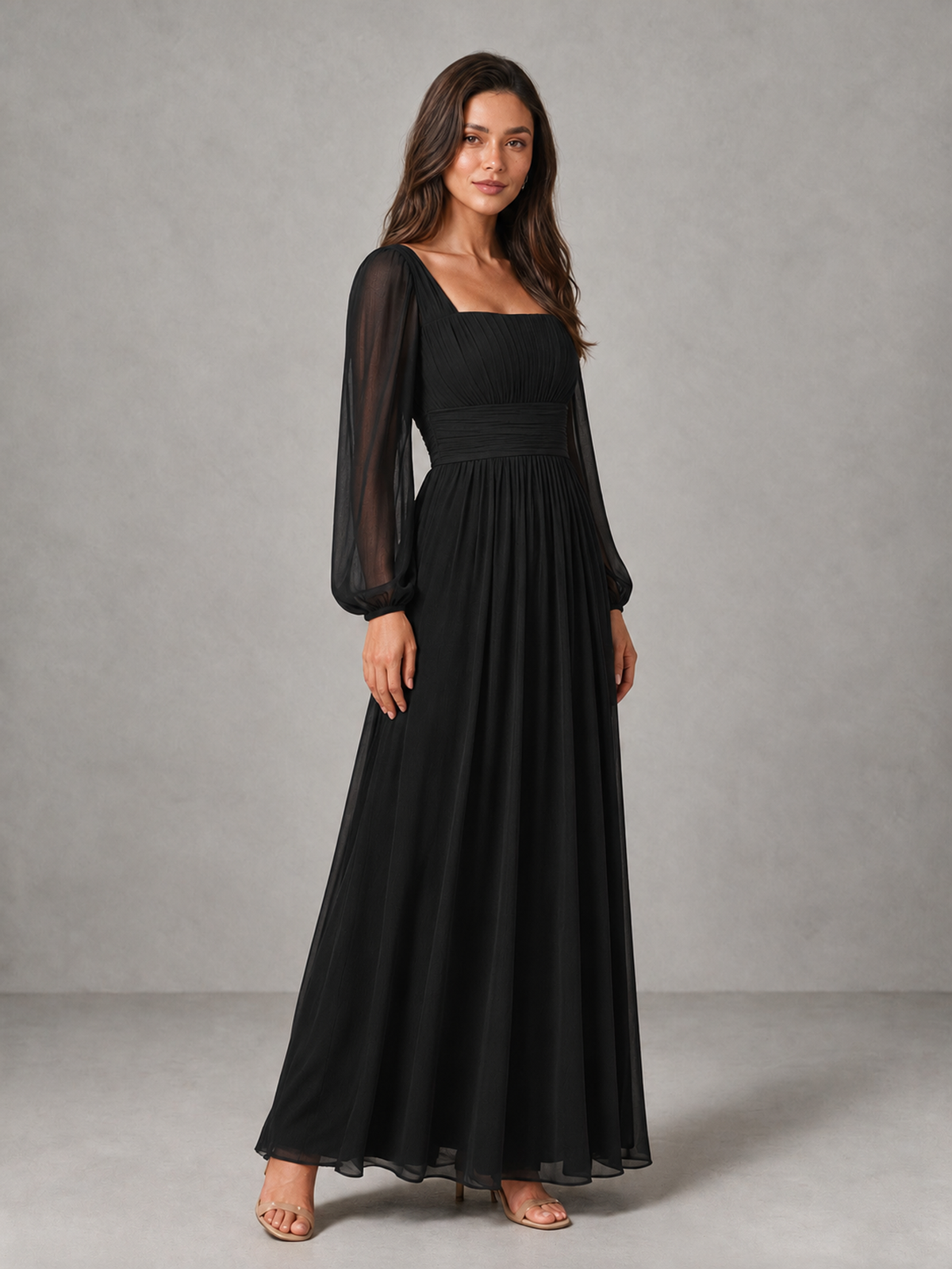 BOLODOO Black Square Neck Long Sleeve Chiffon Bridesmaid Dress - Black - Black_3