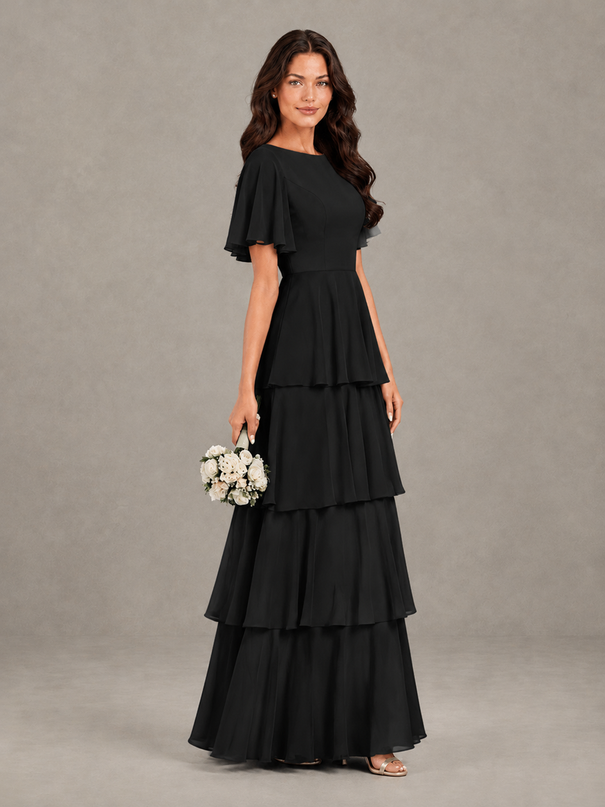 BOLODOO Black Tiered Flutter Sleeve Bridesmaid Dress - Black - Black_3