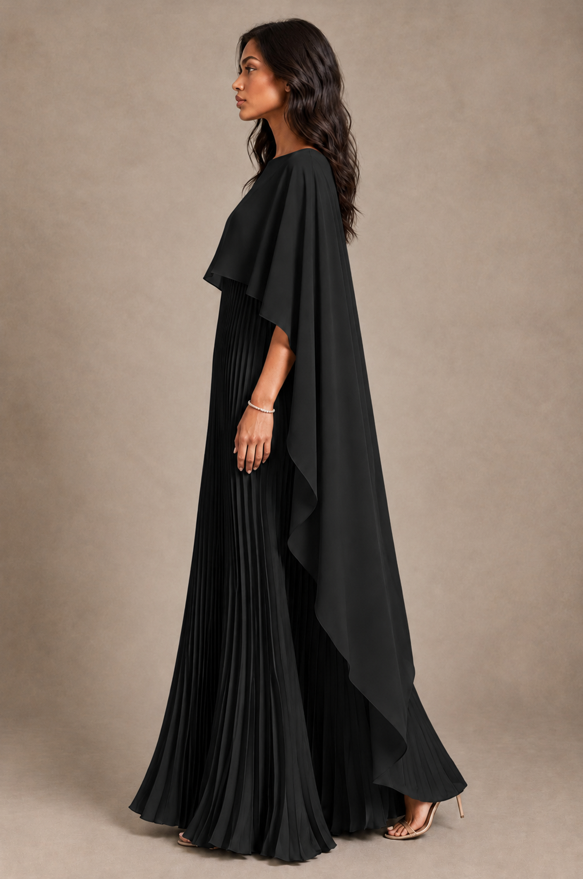 BOLODOO Black Pleated Cape A-Line Evening Dress - Black - Black_3