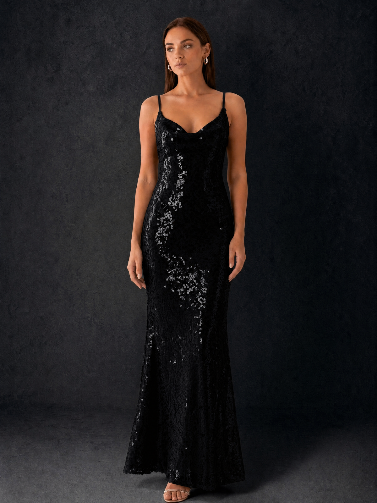 BOLODOO Bronze Sequin Cowl Neck Spaghetti Strap Mermaid Maxi Dress with Open Criss-Cross Back - Black - Black