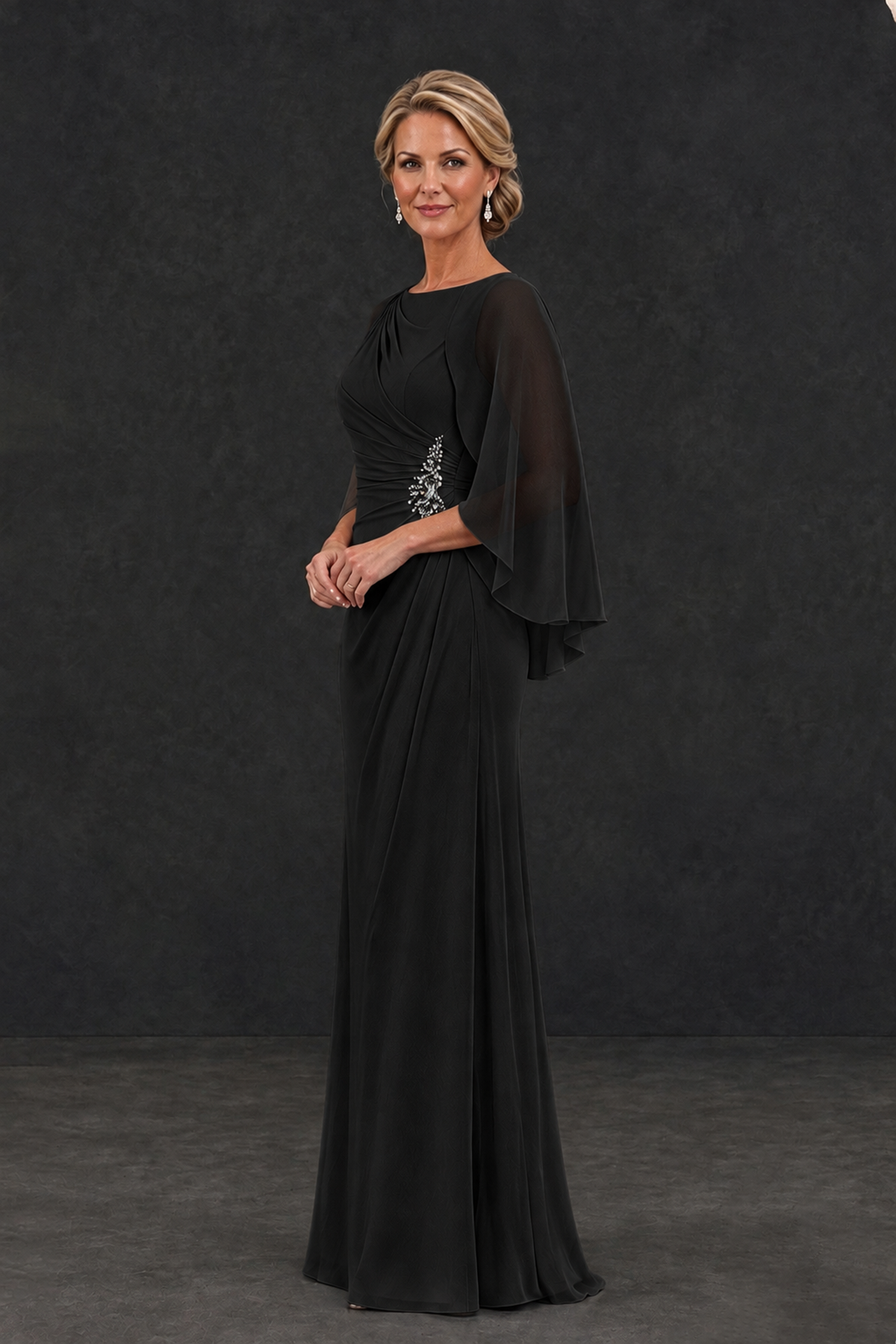 BOLODOO Black Cape Sleeve Mother of the Bride Dress with Ruched Waist - Black - Black_3