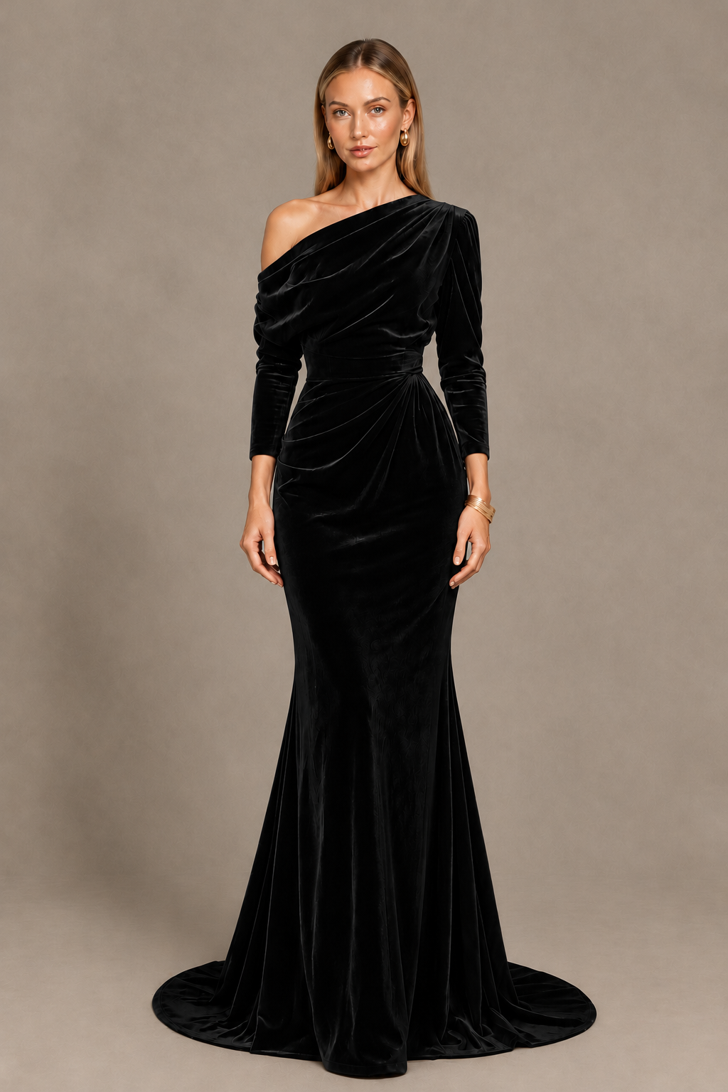 BOLODOO Black Velvet Asymmetric Neck Mermaid Evening Dress - Black - Black_3