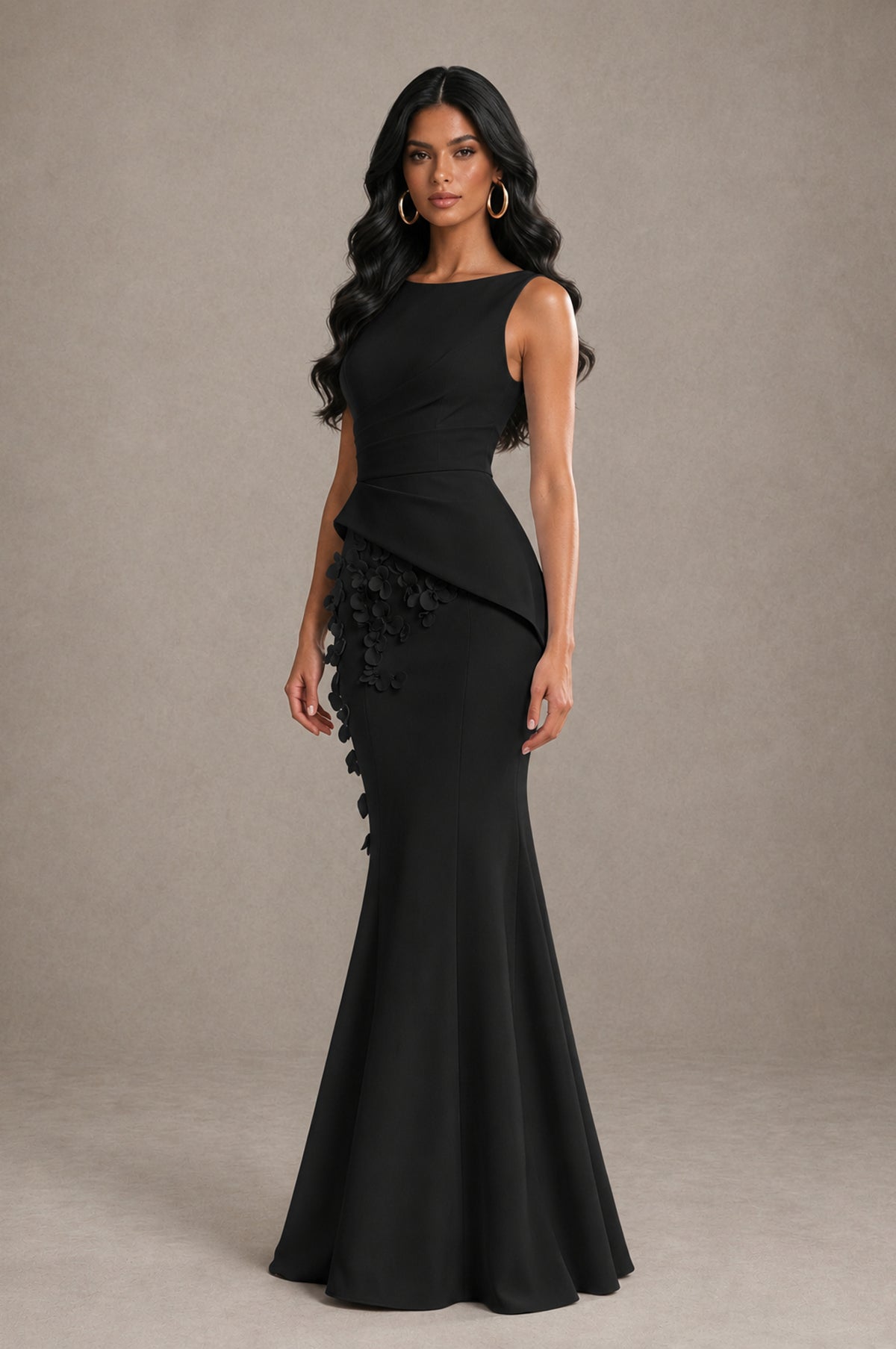 BOLODOO Black Bateau Neck Sleeveless Asymmetric Peplum 3D Petal Appliqué Mermaid Gown BD0421 - Black - Black_3
