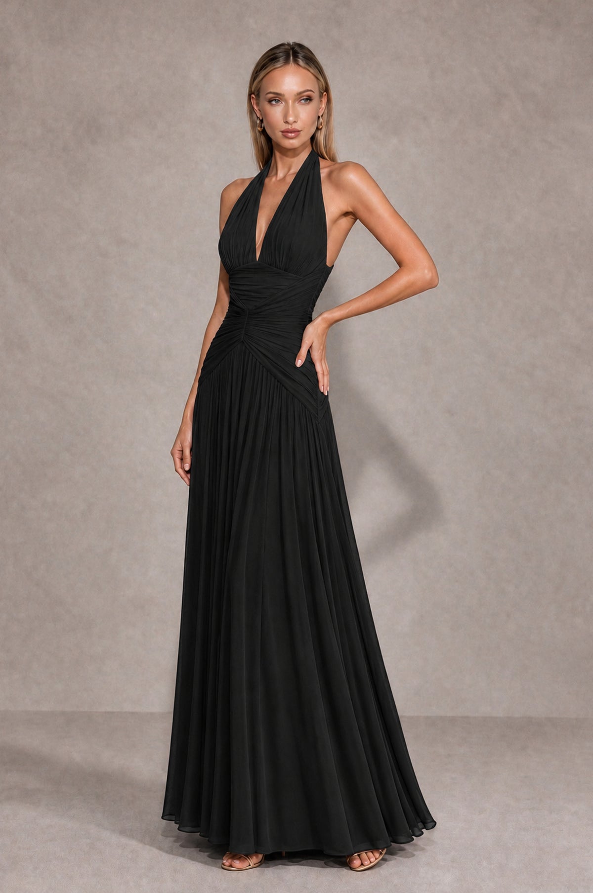 BOLODOO Black Chiffon Halter Deep V-Neck Ruched A-Line Backless Maxi Dress with Train-BD0167 - Black - Black_3