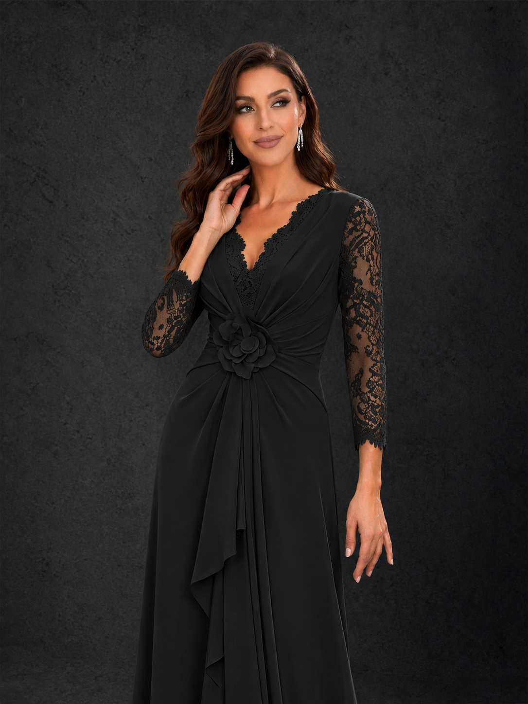BOLODOO Black Lace Sleeve V-Neck Floral Waist Chiffon A-Line Maxi Dress - Black
