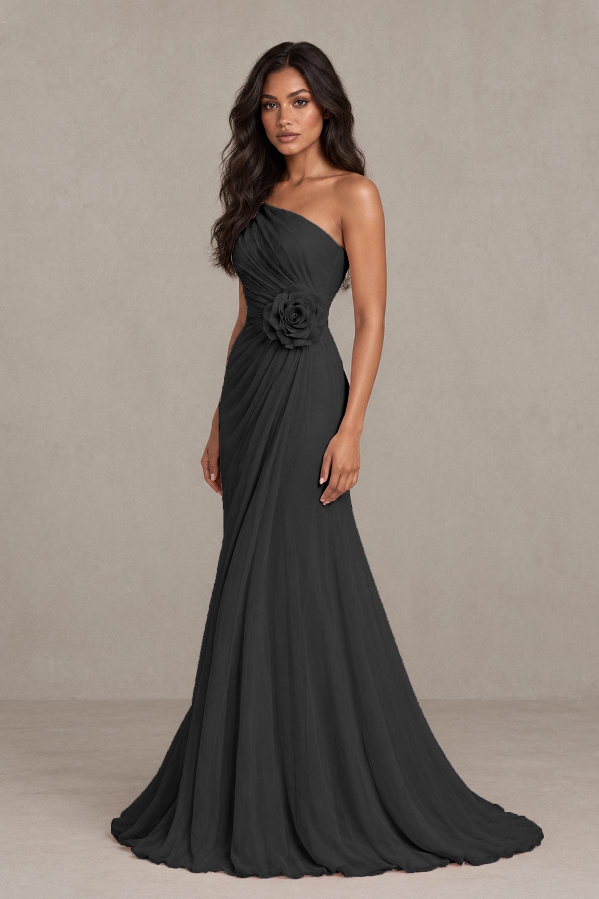 BOLODOO Black One-Shoulder Floral Ruched Maxi Dress - Black