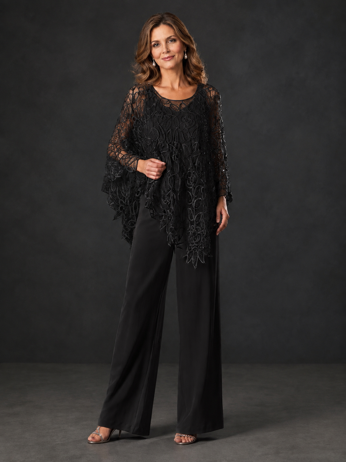 BOLODOO Black Lace Overlay Wide-Leg Pantsuit for Mothers of the Bride - Black
