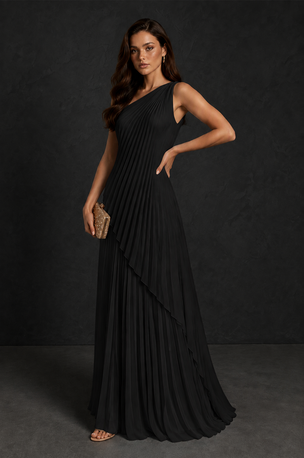 BOLODOO Black One-Shoulder Sunburst Pleated Asymmetric Layered Overlay Accordion Pleated Chiffon Maxi Dress - Black