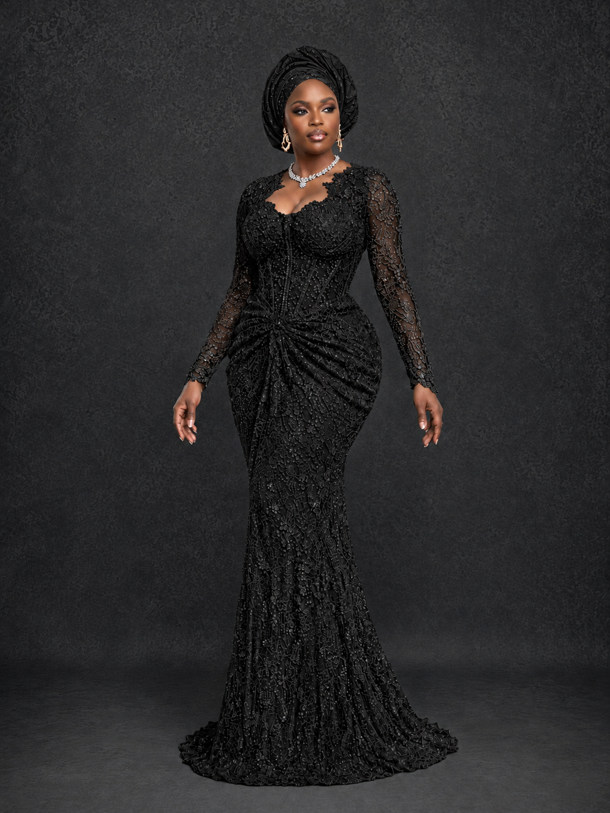 BOLODOO Black Beaded Lace Long Sleeve Mermaid Gown Sweetheart | Mother of the Bride - Black - Black_3