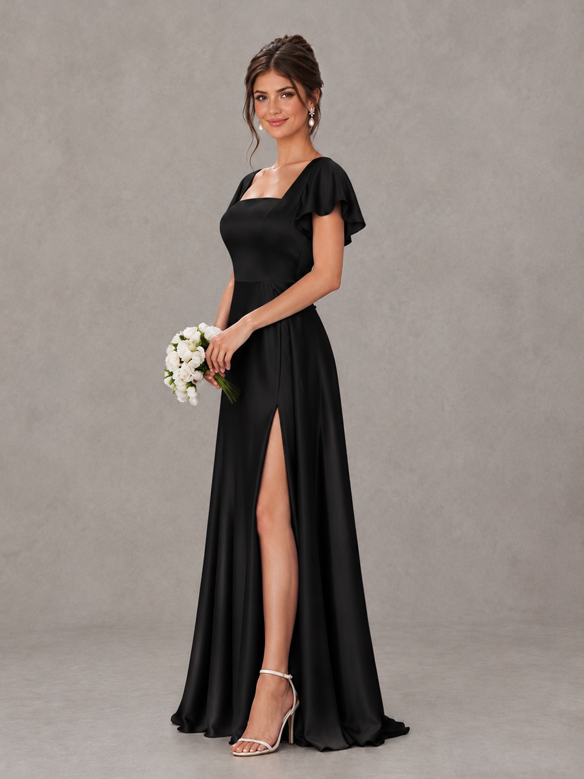 BOLODOO Black Satin Square Neck Flutter Sleeve A-Line Bridesmaid Dress with Slit - Black - Black_3