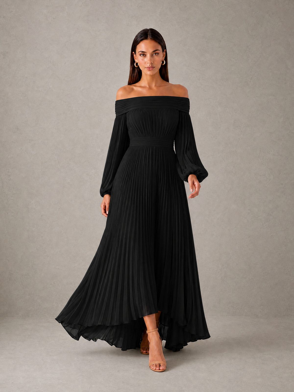 BOLODOO Black Off-Shoulder Long Sleeve Pleated High-Low Dress - Black - Black_3