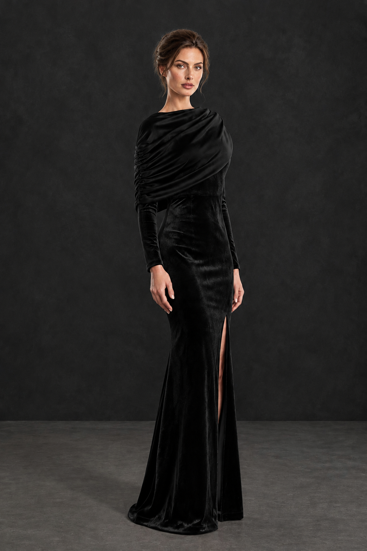 BOLODOO Black Velvet Long Sleeve Draped Mother of the Bride Dress - Black - Black_3