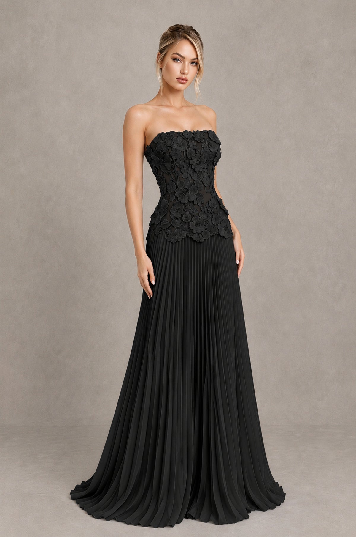 BOLODOO Black Strapless Floral Applique Pleated Evening Dress - Black - Black_3