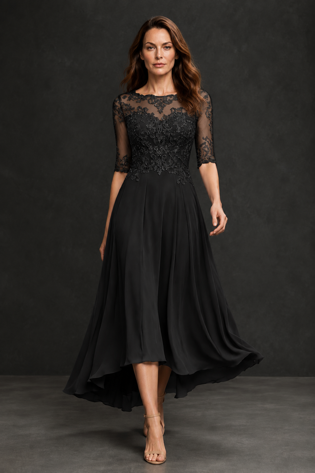 BOLODOO Black Illusion Lace 3/4 Sleeve Hi-Lo Chiffon A-Line Dress | Mother of the Bride Tea Length Dress - Black