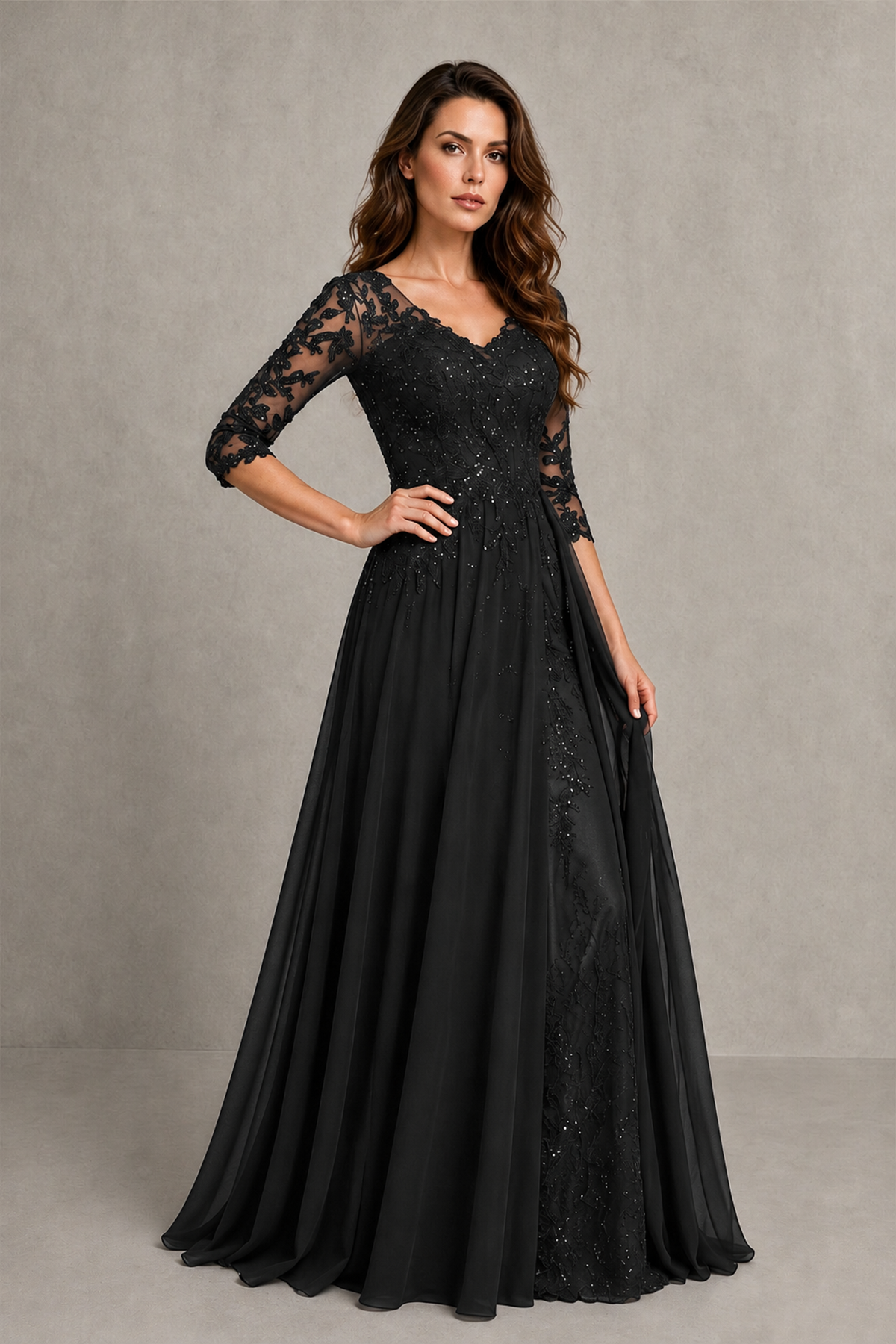 BOLODOO Midnight Black Beaded Lace Appliqué Chiffon A-Line Gown | Mother of the Bride & Formal Evening Dress - Black - Black_3