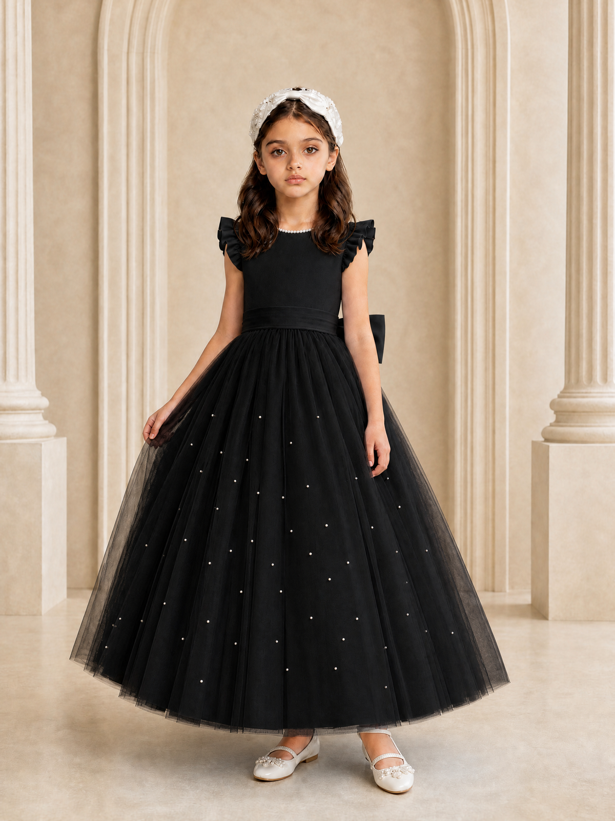 BOLODOO Black Tulle Flower Girl Dress with Ruffle Sleeves & Bow Back - Black - Black_3
