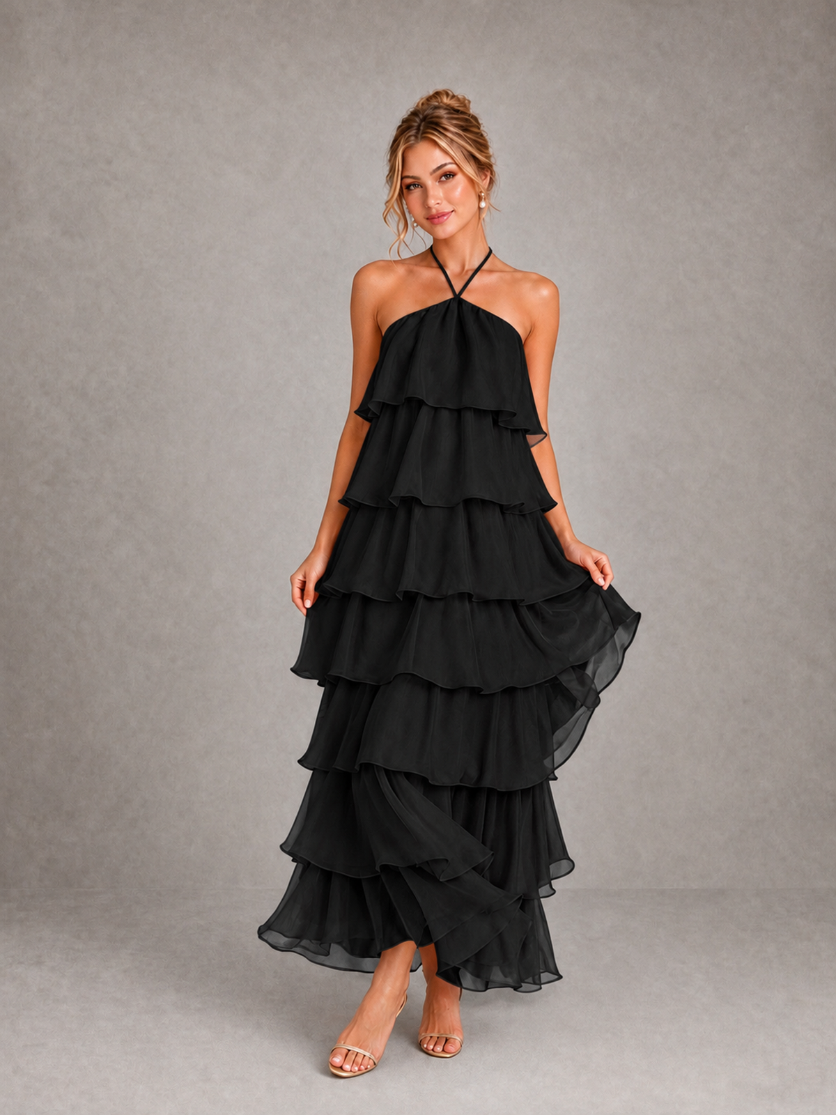 BOLODOO Black Halter Tiered Ruffle Maxi Bridesmaid Dress - Black - Black_3