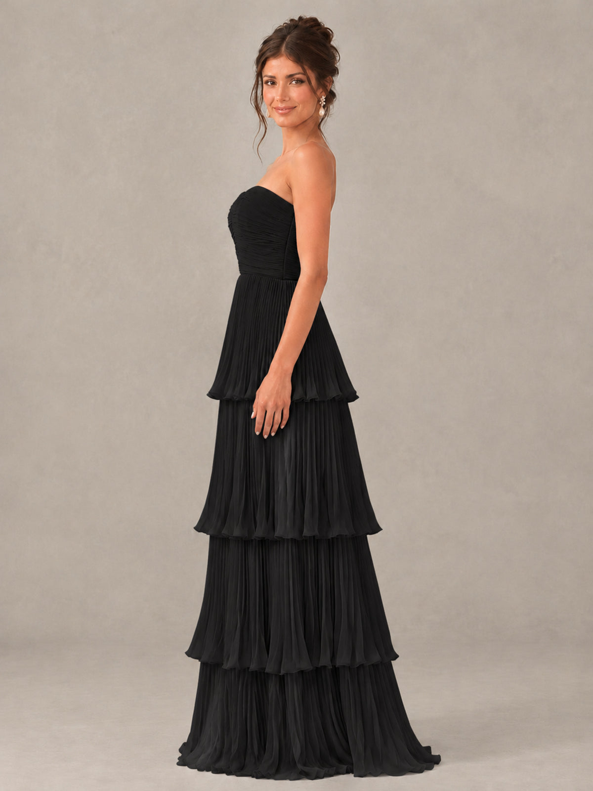 BOLODOO Black Strapless Tiered Pleated Bridesmaid Dress - Black - Black_3