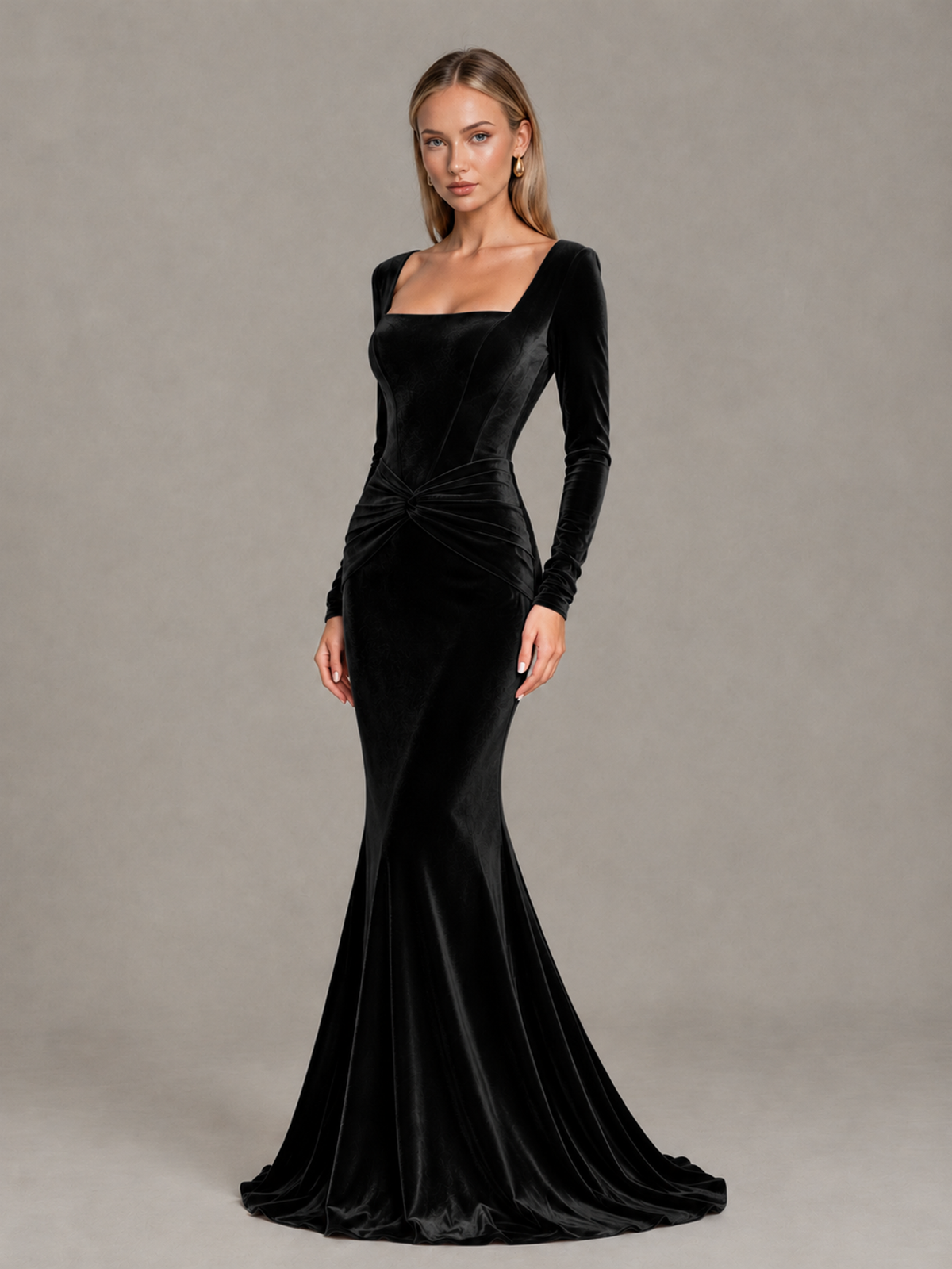 BOLODOO Black Velvet-Look Square Neck Long Sleeve Mermaid Evening Dress - Black - Black_3