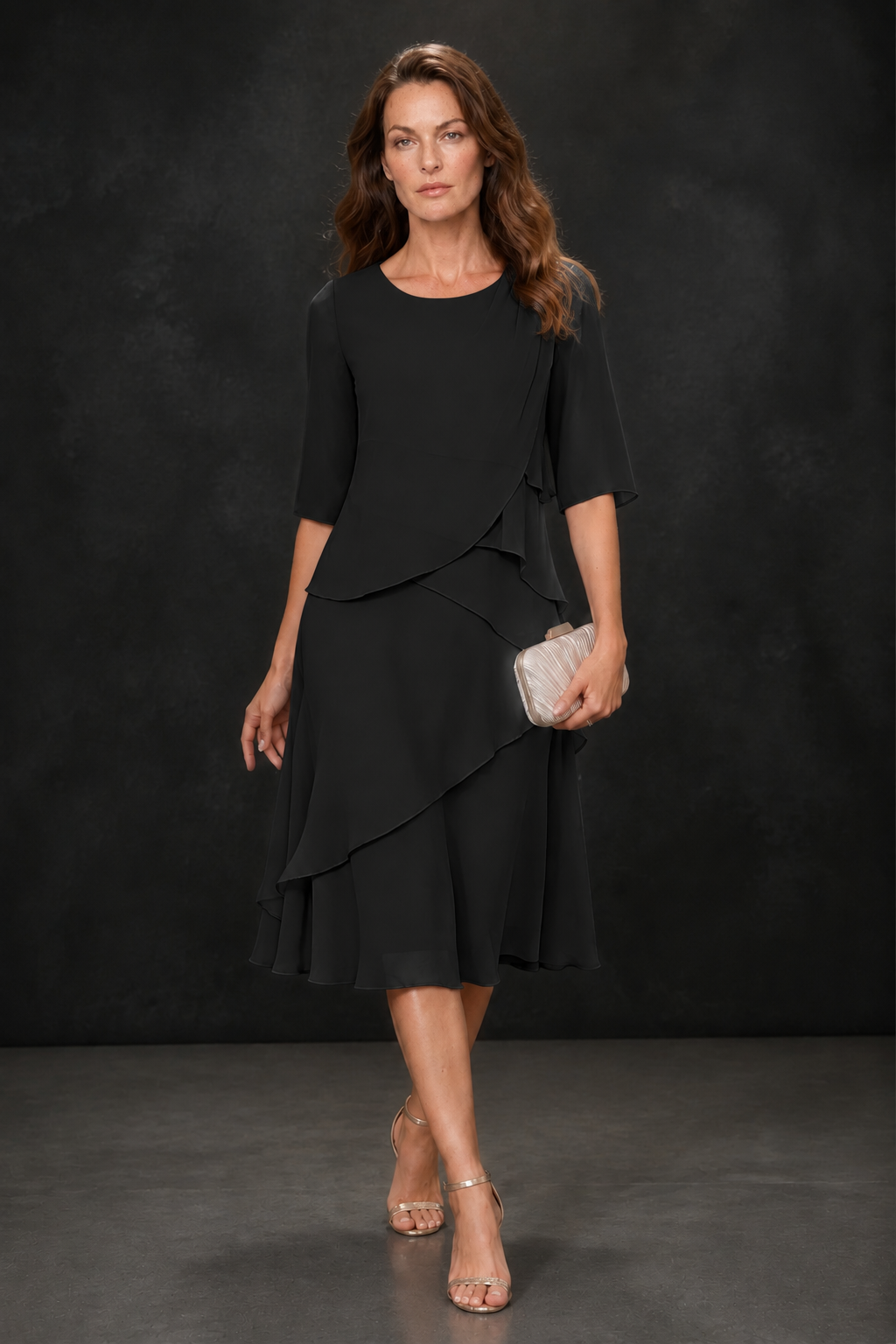 BOLODOO Black Chiffon 3/4 Sleeve Asymmetric Tiered Tea Length Dress | Mother of the Bride Midi Dress - Black