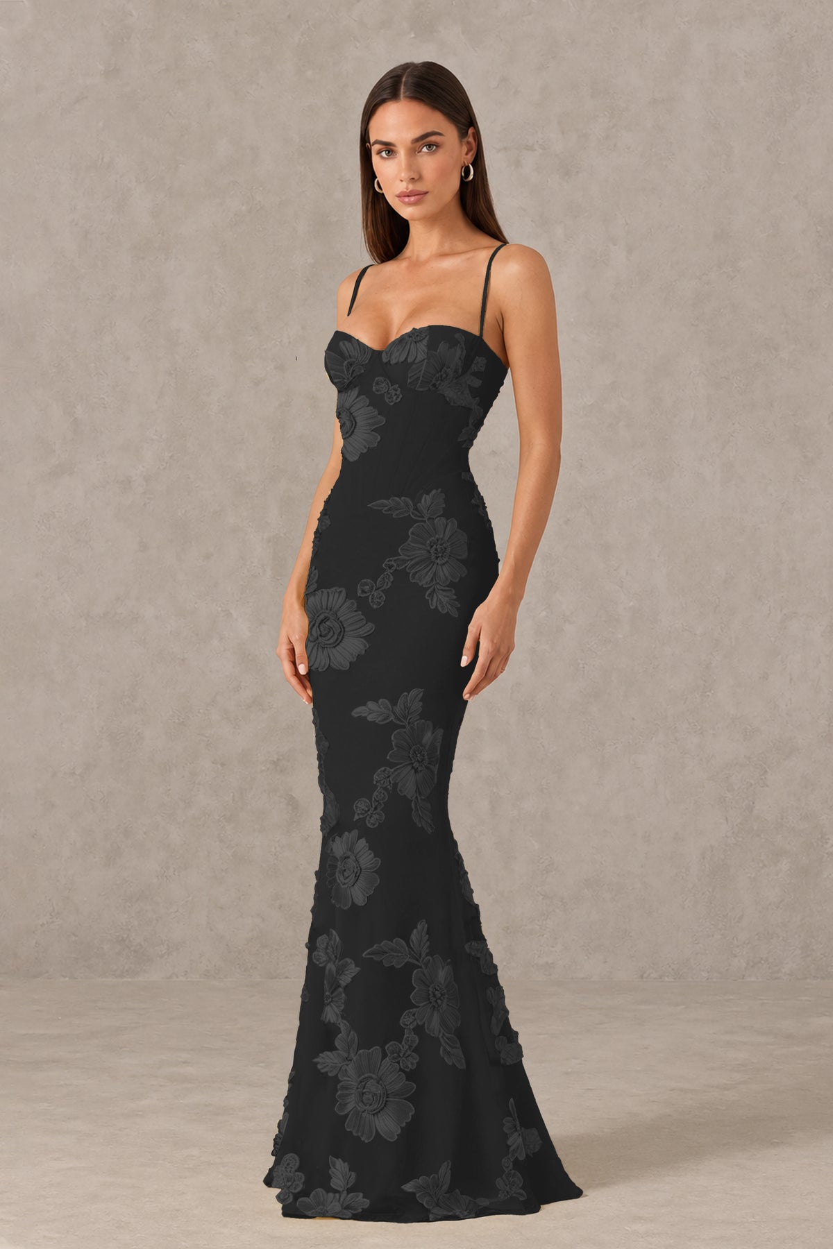 BOLODOO Black Floral Lace-Up Back Mermaid Maxi Dress - Black
