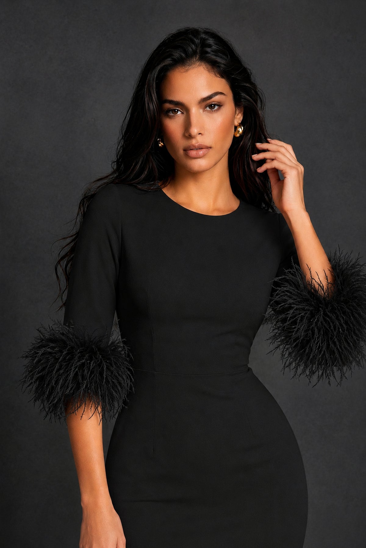 BOLODOO Black Ostrich Feather Cuff 3/4 Sleeve Round Neck Bodycon Midi Dress with Back Slit - Black