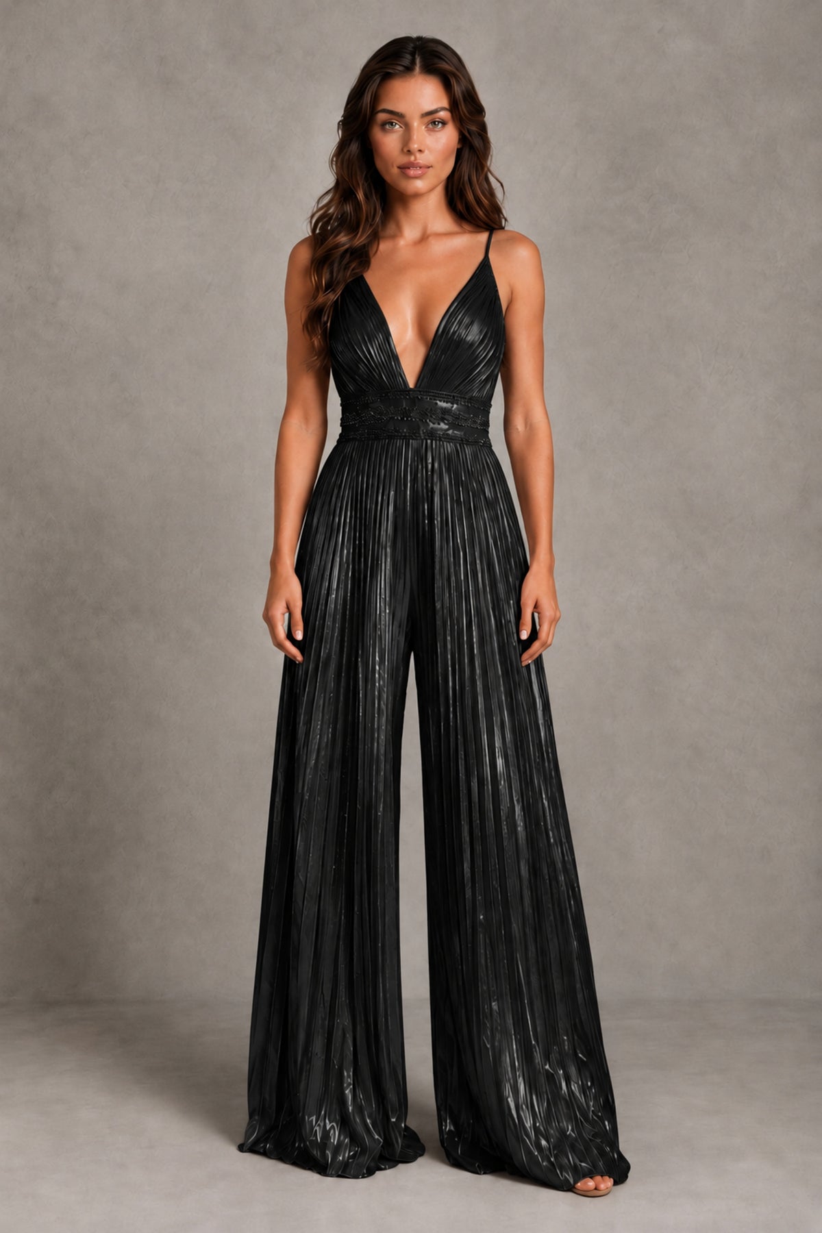 BOLODOO Black Pleated Wide-Leg Jumpsuit with Open Back - Black
