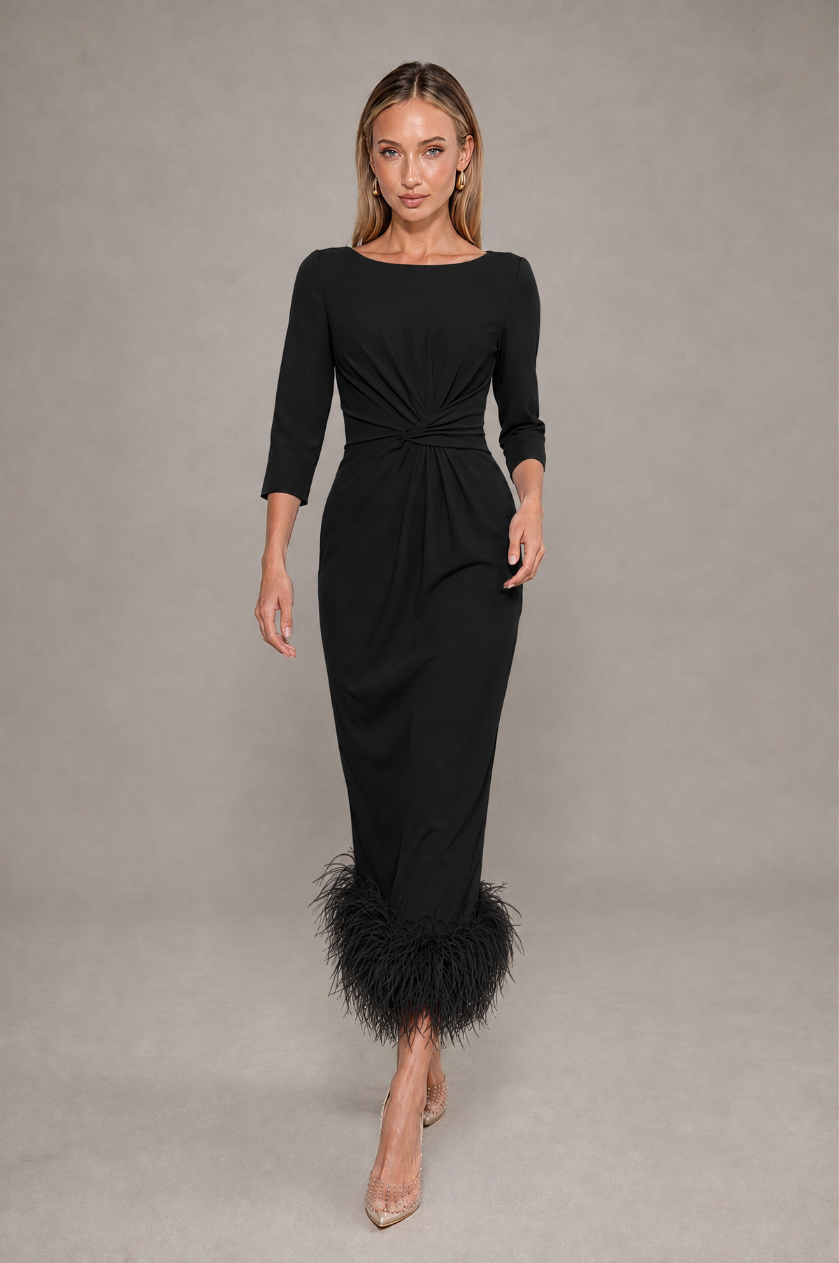 BOLODOO Black Feather-Trim Twist-Waist Midi Dress - Black - Black_3