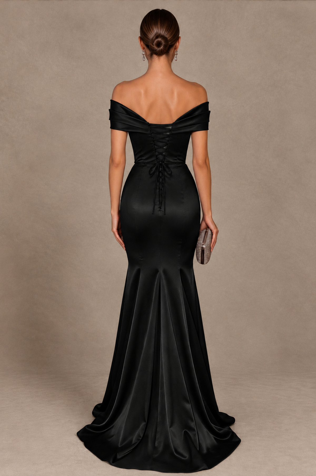 BOLODOO Black Off-the-Shoulder Ruched Satin Mermaid Evening Dress - Black - Black_3