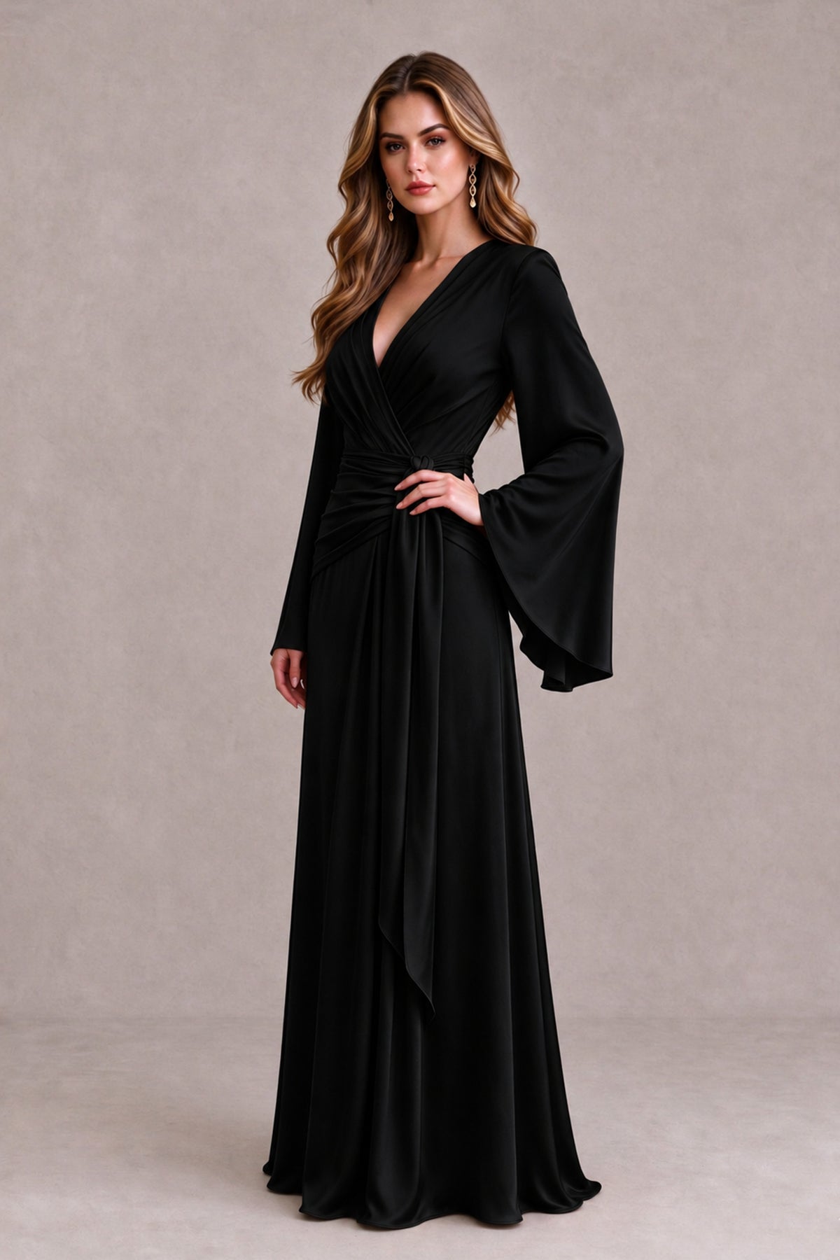 BOLODOO Black Yellow Satin-Look V-Neck Long Bell Sleeve Evening Dress - Black - Black_3