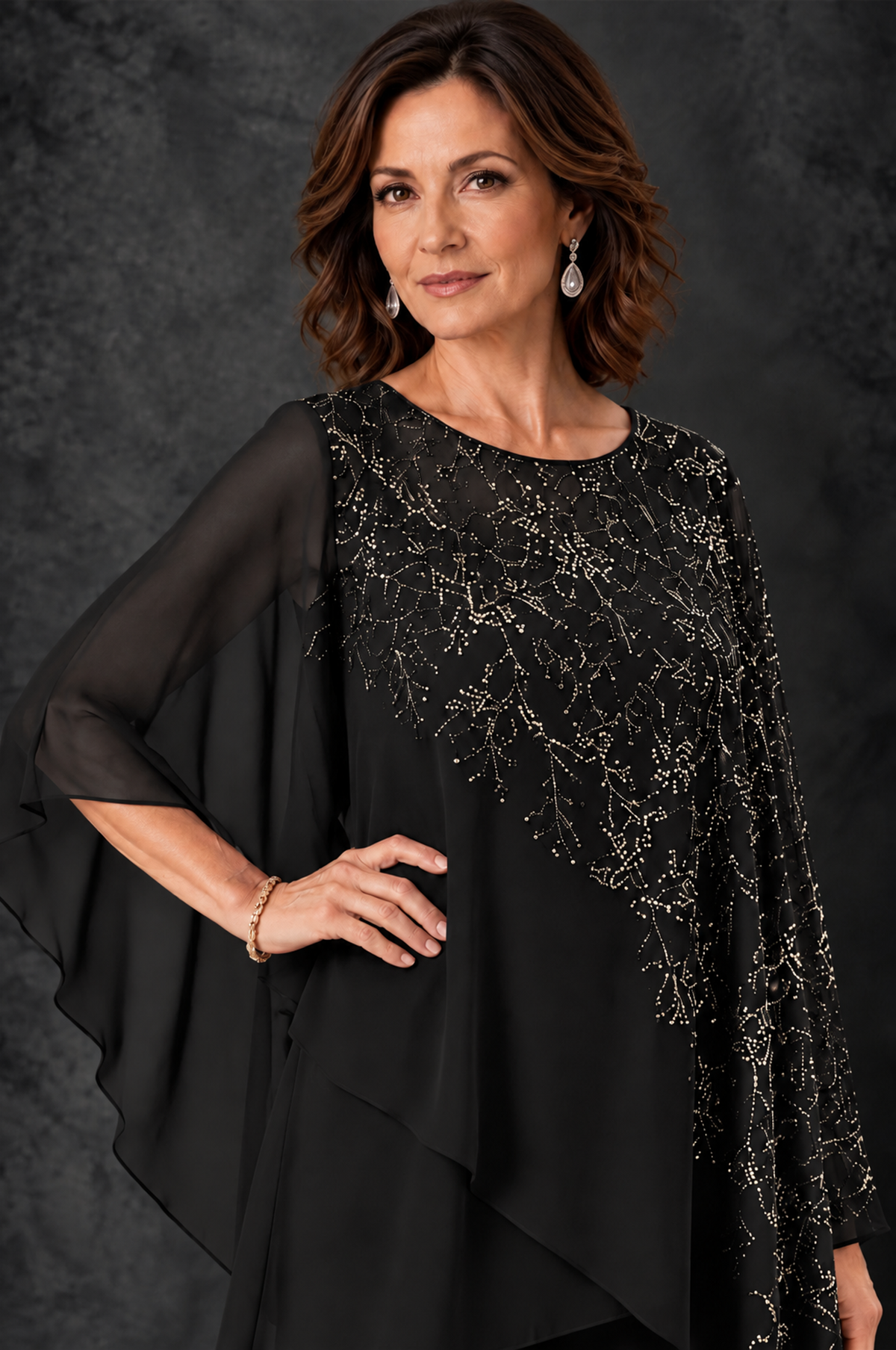 BOLODOO Black Embellished Cape Pant Suit for Mother of the Bride - Black - Black_3
